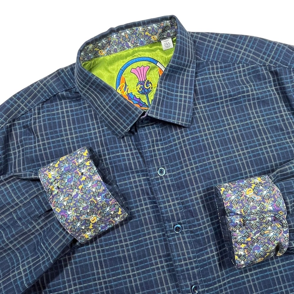 Robert Graham Button Down Mens 2XL Navy Blue Check Paisley Contrast Cuff Shirt